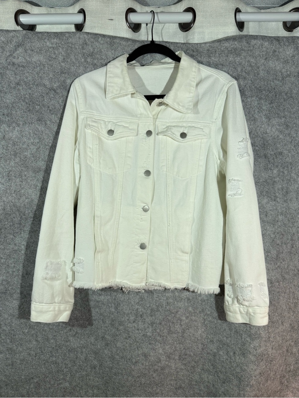 Denim Jacket - Womens L - White Distressed Casual Frayed Biker Moto Pockets